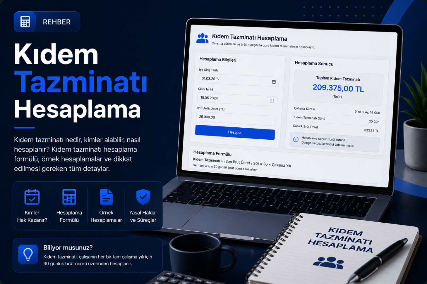 Kıdem Tazminatı Hesaplama ekran görüntüsü — formül ve sonuç paneli