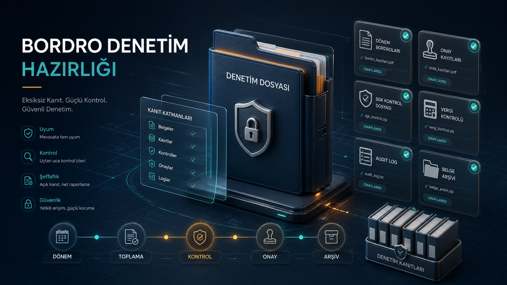 Bordro denetim hazırlığı için denetim dosyası, onay kayıtları, kontrol izleri ve güvenli arşiv panelleri