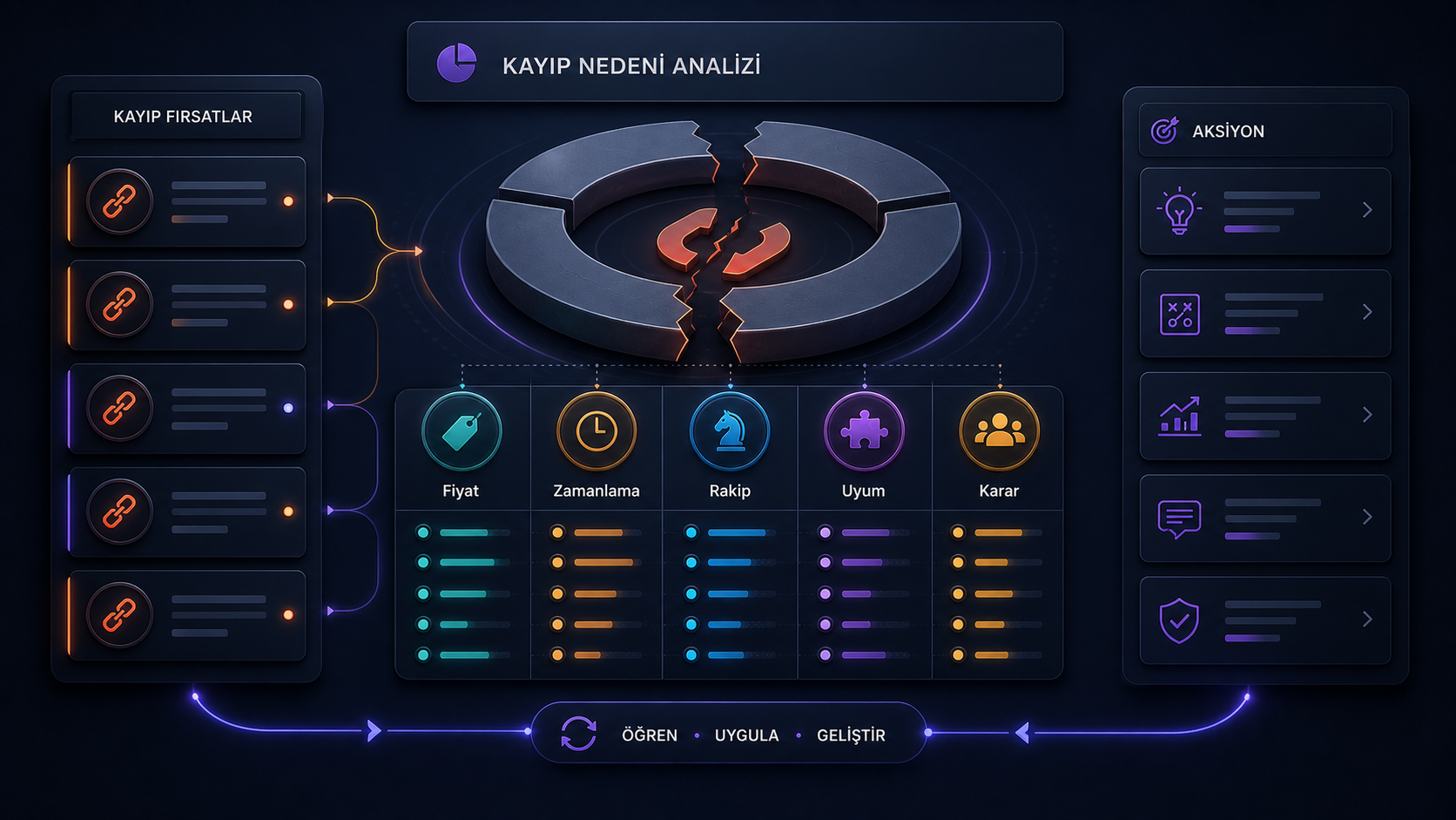 CRM kayıp nedeni analizi için fiyat, zamanlama, rakip, uyum, karar ve aksiyon alanlarını gösteren analiz matrisi
