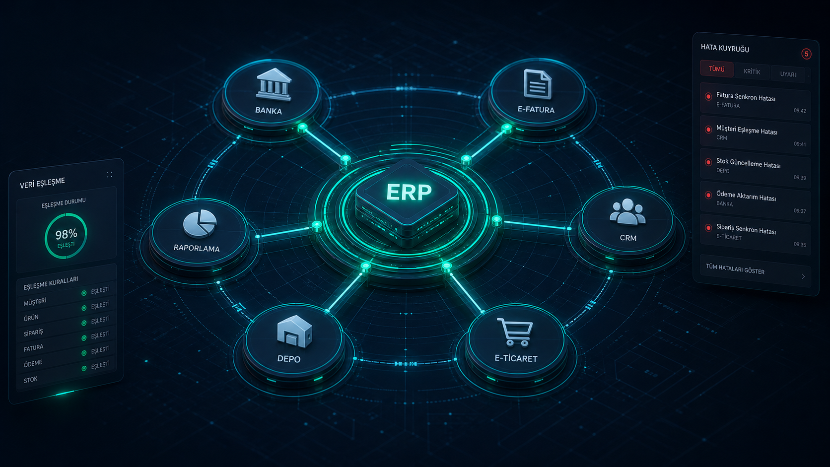ERP entegrasyon stratejisi için banka, e-fatura, CRM ve e-ticaret bağlantılarını gösteren entegrasyon haritası