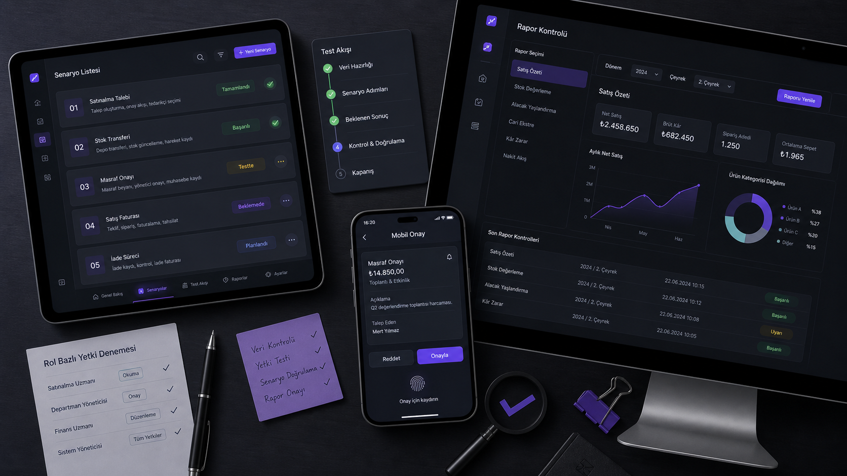 ERP demo senaryoları için test akışları, cihazlar ve kontrol listeleri bulunan premium değerlendirme sahnesi