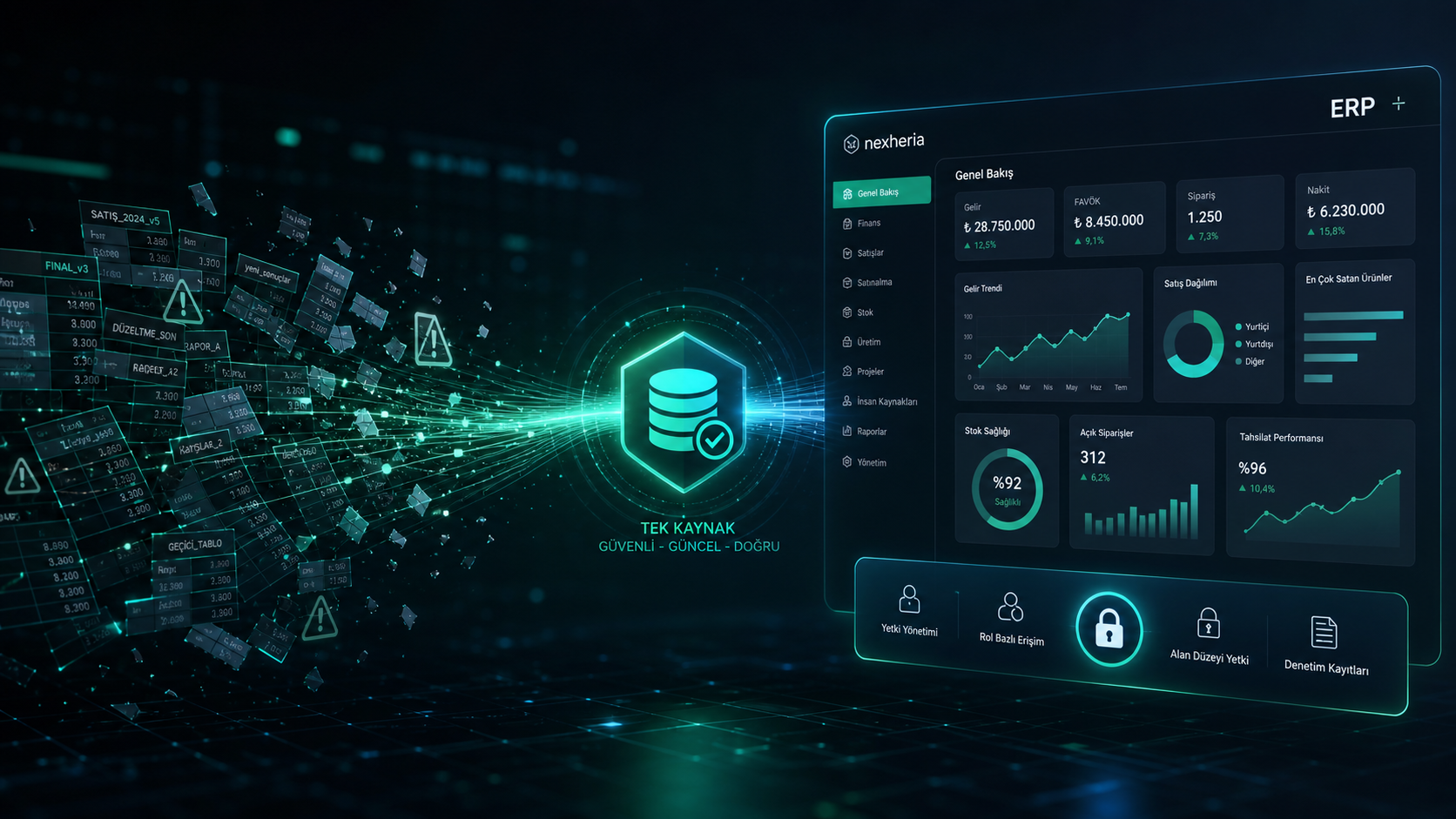 ERP ve Excel karşılaştırması için dosya karmaşasından merkezi ERP paneline geçişi anlatan modern arayüz