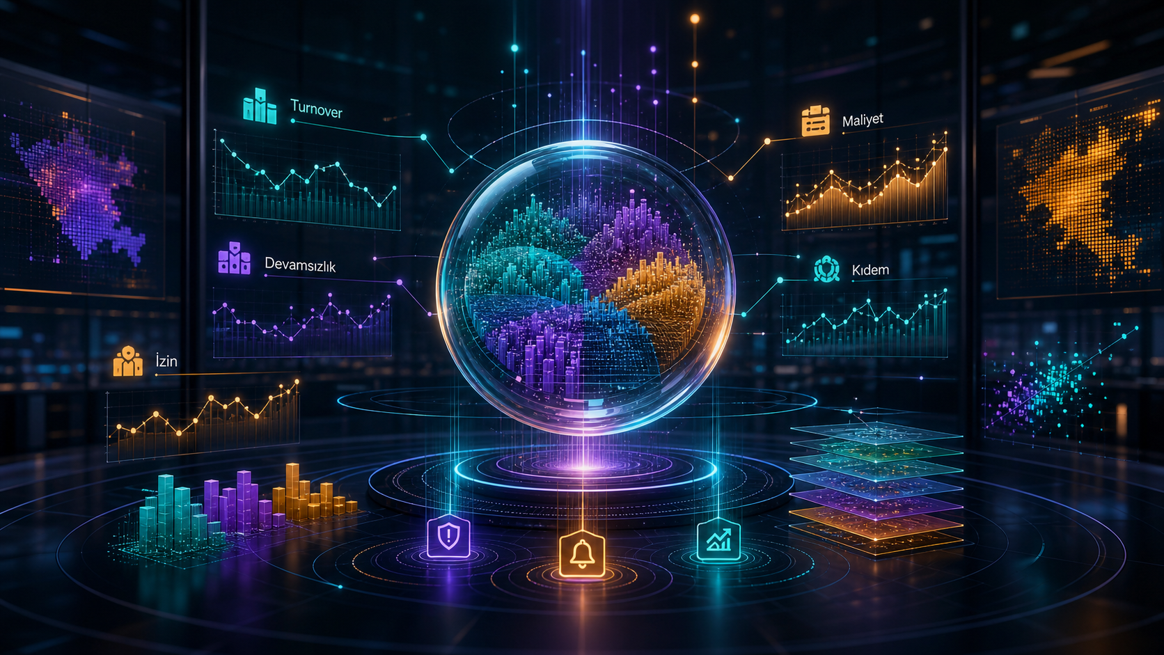 İK raporları ve analitik için işten ayrılma, devamsızlık, izin, maliyet ve kıdem verilerini gösteren veri gözlemevi
