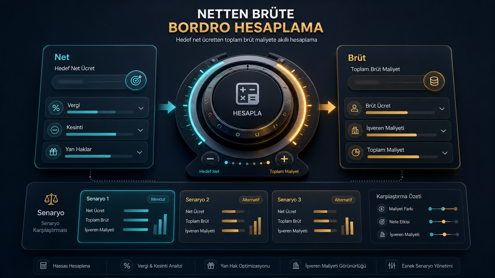 Netten brüte bordro hesaplama için net ücret, brüt maliyet, vergi, kesinti ve senaryo karşılaştırma paneli
